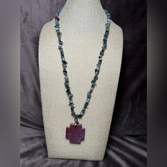 Multi Gemstone NECKLACE CROSS PENDANT Jasper Chalcedony 925 Clasp 4107 W - Picture 2 of 9